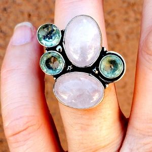 New Rose Quartz & Green Amethyst 925 Silver Ring.